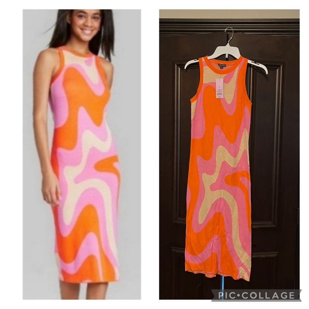 NWT Wild Fable Target Pink and Orange Retro Knee Length Tank Knit Dress Size S